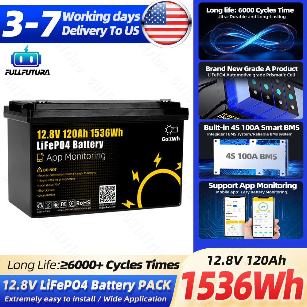 Outdoor Camping Usa - 6000回以上の充放電サイクルに対応。12V 120Ahのリチウム鉄リン酸バッテリー。DIY用。12V/24V充電可能。4S 100AのBluetooth BMS（バッテリー管理システム）を内蔵。アプリでモニタリング可能。小型で、RV（キャンピングカー）、モーターボート、ヨット、キャンプ、EV（電気自動車）、屋外、家庭用エネルギー貯蔵システムに最適。米国から迅速に発送。