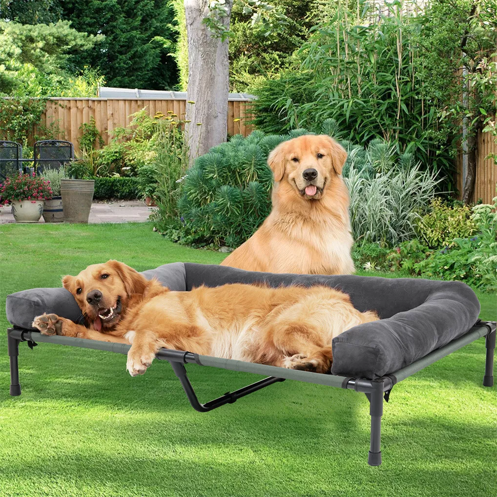 Outdoor Camping Dog Bed - BINGOPAW 高さ調整可能な犬用ベッド。通気性の良いメッシュ素材で、取り外し可能なふわふわのクッション付き。洗濯可能な高さ調整式の寝床で、屋内、屋外、キャンプなど様々な場所で使用可能。