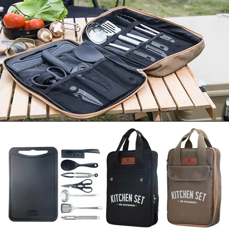 Outdoor Camping Dining Set - 8点セット キャンプキッチン調理器具セット ポータブル屋外旅行用具 ステンレス製調理・グリルセット バーベキューピクニック用