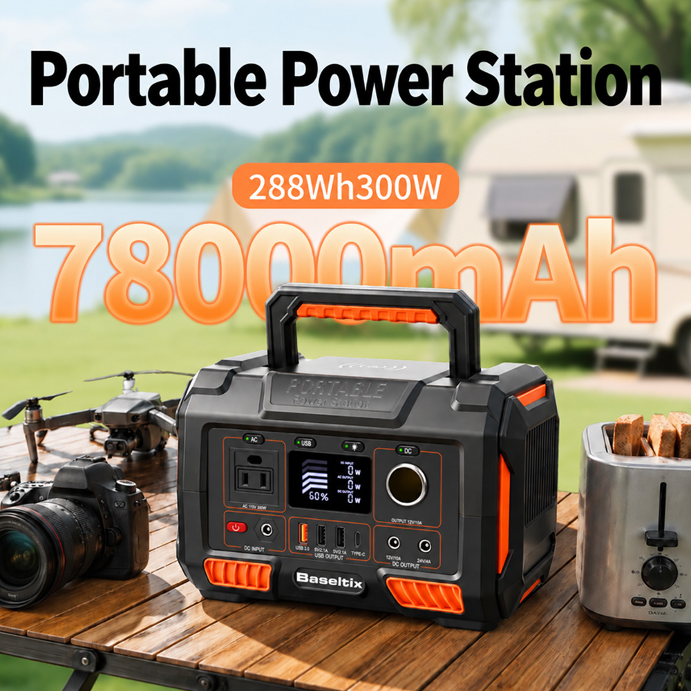 Outdoor Camping Usa - 78000mAhの大容量ポータブル電源。300W、288Whの太陽光発電機能を搭載。110VのACコンセント、ワイヤレス充電、USB-C PD 60Wに対応。キャンプ、RV、CPAP、屋外でのオフグリッド環境での緊急電源として使用可能。